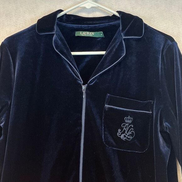 LAUREN RALPH LAUREN Robe Women's Small Blue Velvet Long Full Zip Collared Caftan - Picture 3 of 13